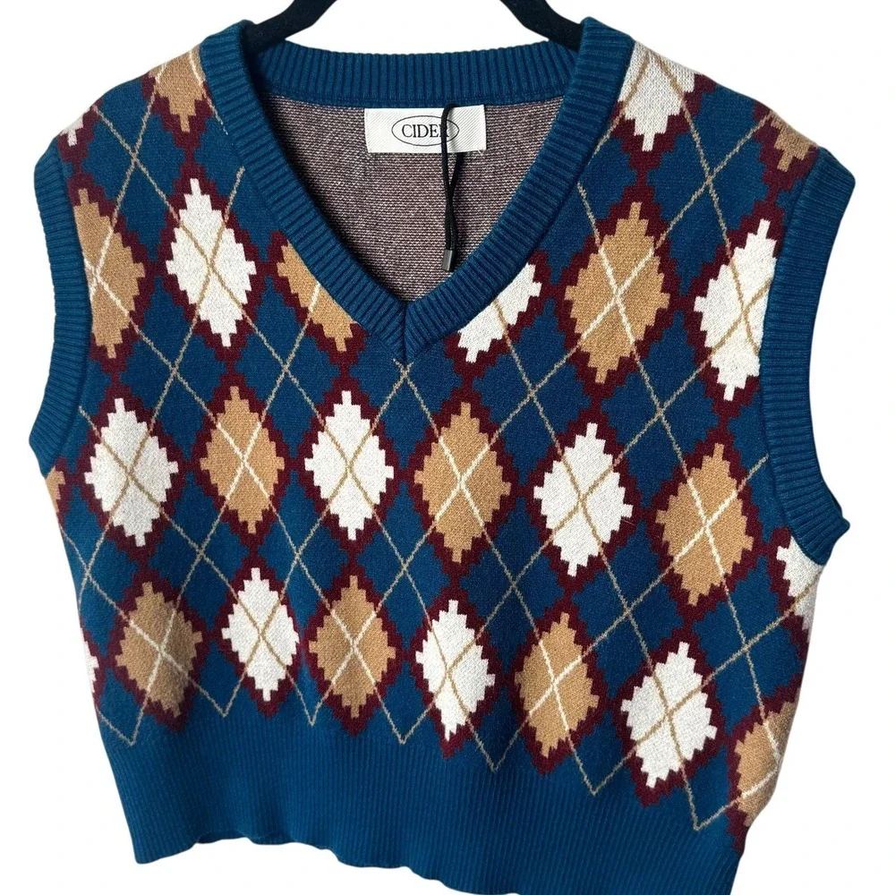 NWOT Cider Sweater Vest Blue Argyle Print Academia Preppy Old Money‎ S/M